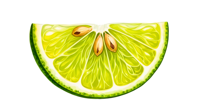 Vibrant watercolor illustration of a fresh lime slice with seeds on transparent background