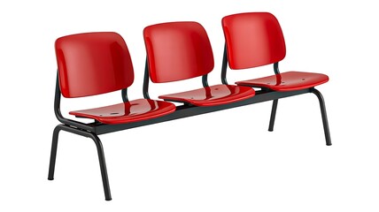 Fototapeta premium Red waiting room chairs arranged in a row against white background 
