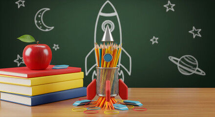 Ignite young minds with a vibrant rocket pencil holder, symbolizing boundless curiosity and the exciting journey of learning, alongside a perfect red apple and stacked books on a classroom desk.