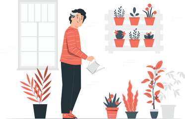 Person watering potted plants near a window and plant shelf gardening home