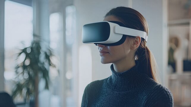 Woman experiences virtual reality in a modern office setting during daytime using advanced VR headset for immersive gaming