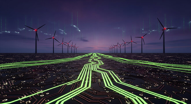Futuristic wind turbines harness glowing digital energy on a circuit board landscape under a vibrant twilight sky, symbolizing clean tech innovation and data flow