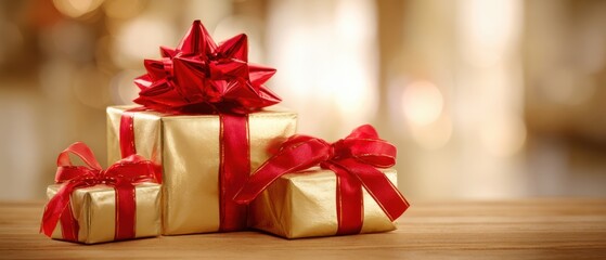 The Gifts Wrapped in Gold Paper with Red Bows on Wooden Table