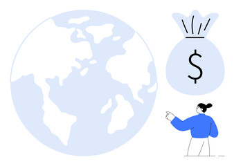 Earth globe, dollar-decorated money bag, and a person directing focus suggest global economic growth, financial success, and investment opportunities. Ideal for commerce, economy, trade, growth