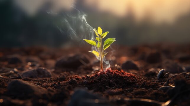 New Green Sprout Rising from Scorched Earth Amidst Smoke and Ashes