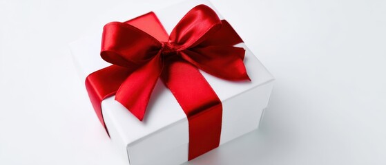 The Gift Box with Red Ribbon and Satin Bow on White Background