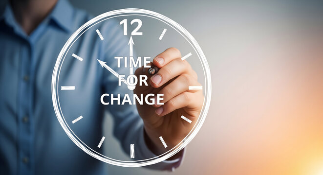 Urgent call to action, a person writes 'Time for Change' on a clock face inspiring transformation and growth for a better future