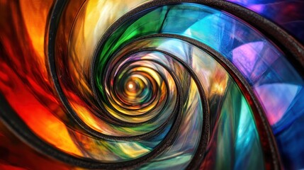 Discarded CDs/DVDs reflecting a rainbow spectrum, arranged in a spiral, iridescent