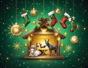 Christmas celebration with festive animals and hanging stockings high resolution image