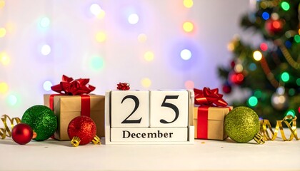 Cozy Christmas setup with red ribbon gifts and ornaments high resolution image