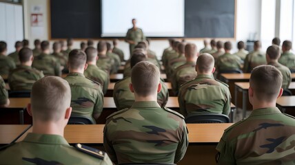 Fototapeta premium Dedicated soldiers attentively listening to instructor in bright military classroom learning crucial strategies and operations for mission success