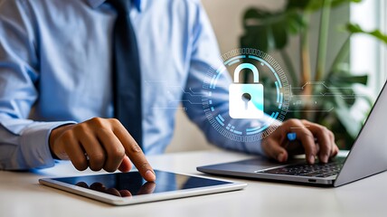 Business professional using tablet and laptop with digital lock icon representing cybersecurity protection