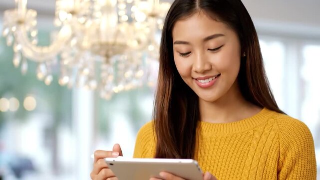 Smiling woman uses a tablet with stylus in a cozy room