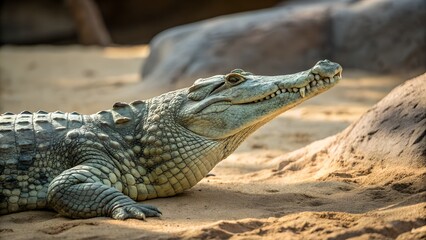 Realistic Close-Up of Crocodile on Sand with Natural Lighting.