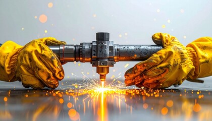 Hands in yellow protective gloves holding a metal pipe while a laser cutter creates sparks and cuts through the material, illustrating industrial fabrication and precision work.