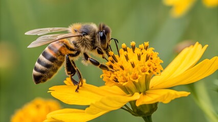 Honey Bee Collecting Pollen on Yellow Flower – Close-Up Nature Photography.