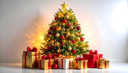 Elegant holiday tree with golden and red decorations high resolution picture