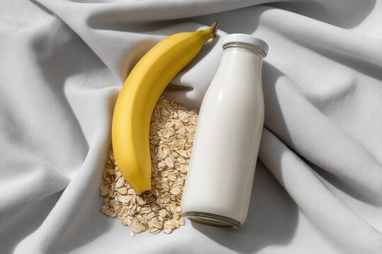 A bottle of milk next to a banana and a pile of oats on a soft fabric. Perfect for a nutritious breakfast setting.