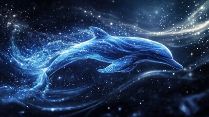 Dolphin composed of swirling, bioluminescent water, leaping gracefully, surrounded by sparkling water droplets like stars