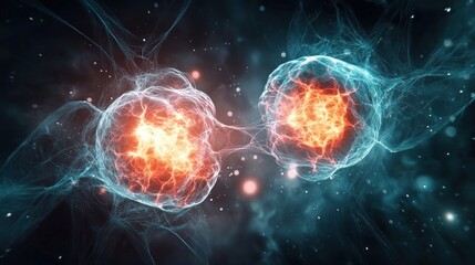 Abstract representation of quantum entanglement, visualized as two glowing particles connected by ethereal threads, dark cosmic void, scientific concept art