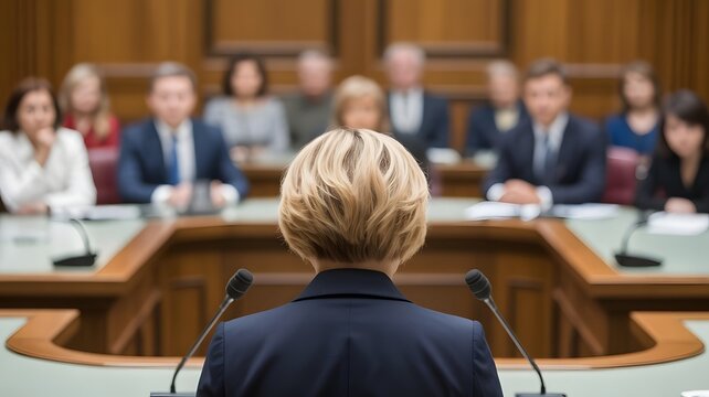 Confident businesswoman addresses colleagues in formal boardroom meeting, discussing important strategy and future success with attentive audience