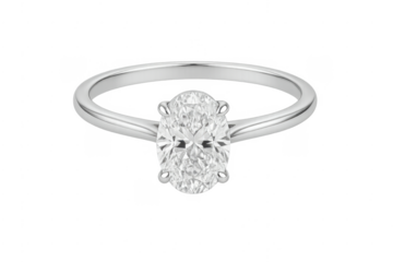 Engagement ring featuring oval cut diamond solitaire on transparent background