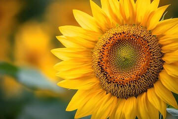 Fototapeta premium A vibrant sunflower with a bright yellow center and dark brown seeds, set against a blurred background of green leaves.
