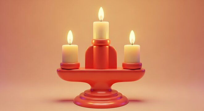 Three burning candles on a red candle holder on a peach color background - Powered by Adobe