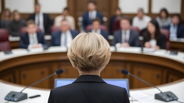 Confident woman addresses panel in formal meeting room, sparking discussion and decision-making in a professional environment, inspiring leadership and strategic dialogue.
