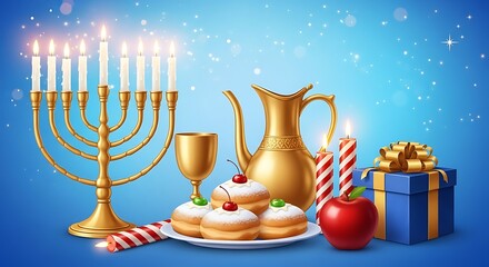 Hanukkah still life with menorah, donuts, gift, and other traditional items