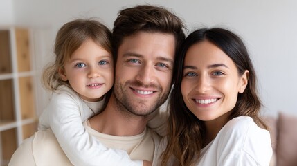 A cheerful family portrait featuring a smiling couple with their young daughter. The setting is bright and inviting, conveying warmth and love.