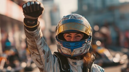 After winning an outdoor go-kart track championship, a lady wearing a racing helmet joyfully raises her fist in excitement.