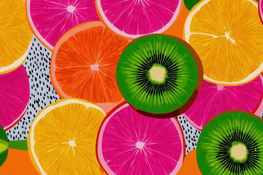 A vibrant arrangement of sliced citrus fruits and kiwi, showcasing bright colors and textures, perfect for food-related themes and designs.