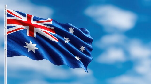 The Australian flag waving proudly against a clear blue sky, symbolizing national pride and identity. Ideal for patriotic themes and Australia-related content.