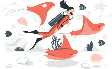 Scuba Diver Swimming with Marine Life underwater ocean