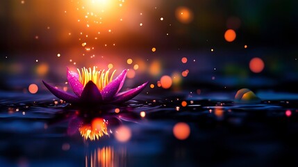 Vibrant Water Lily Blooming in Serene Pond with Magical Bokeh Lights