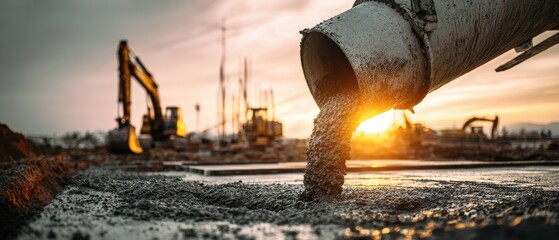 The concrete pour from mixer truck at construction site during golden hour