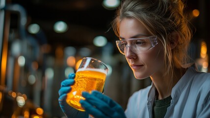 A freshly made craft beer is examined and tasted by a female brewmaster.  Her method of quality control in a contemporary brewhouse