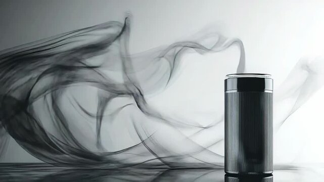 Black container standing with abstract flowing smoke