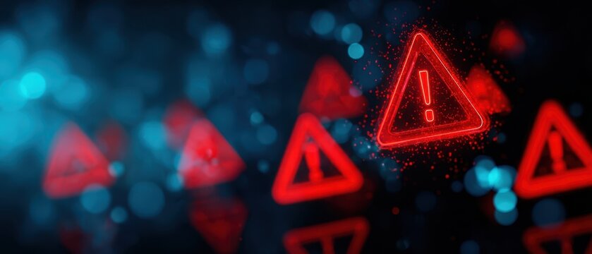 The warning triangle icons glowing neon holographic digital alert background with bokeh lights