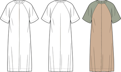 Short-sleeve dress front and back view, round neckline, center seam, color block detail, cad drawing flat vector illustration