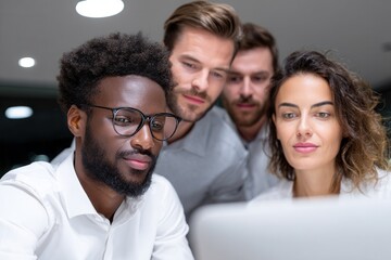 A diverse group of four professionals focused on a laptop screen in a modern office setting, showcasing teamwork and collaboration.