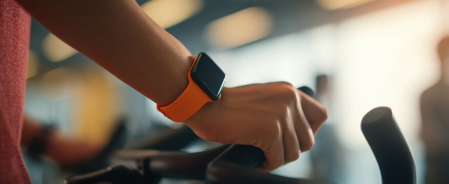The hand wearing a smartwatch gripping an exercise bike handle at gym