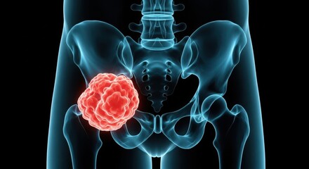 Illustration of a pelvic tumor, a mass of abnormal tissue growing in the pelvis, potentially cancerous, posing a health risk and requiring medical attention