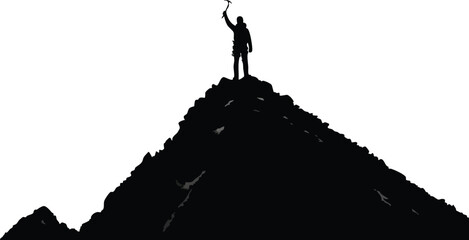 Triumphant hiker stands with raised arms atop a rocky mountain peak against a stark white background.