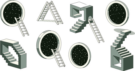 Surreal Isometric Vector Set of Portals, Stairs, and Ladders: Monochrome Geometric Elements Representing Abstract Space, Imagination, Dreams, Exploration, and Fantasy Concepts