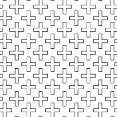 Geometric pattern of repeating stylized plus signs or crosses with a subtle textured effect in black and white monochrome