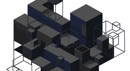 Abstract isometric composition with geometric shapes dark and light gray cubes and lines modern vector illustration for architectural design