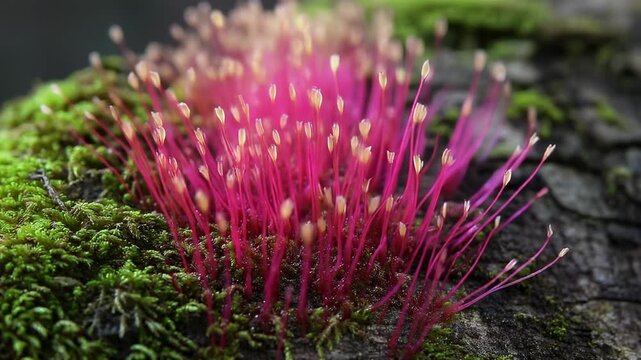 Close-up of vibrant pink sporophytes emerging from green moss growing on a textured surface, creating a striking contrast.