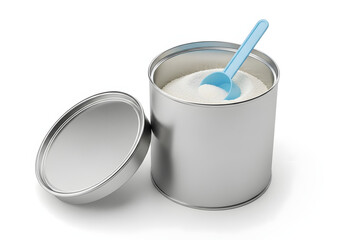 Can of Infant Formula with Scoop, Open, and Close Lid on White Background